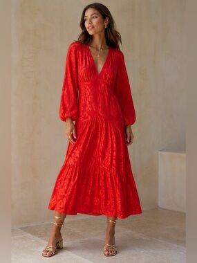 FARM Rio x Anthropologie Red Floral Jacquard Midi Dress XXS